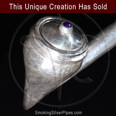 Smoking Silver long pipe for smoking with lid, Bejeweled Cache is handmade from pure silver. SOLD