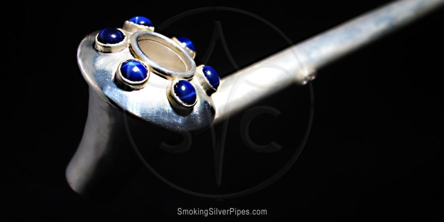 Smoking Silver decorative pipe for smoking with genuine sapphires, Sapphire Empyrean is handmade from pure silver.