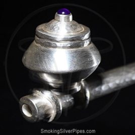 Smoking Silver long pipe for smoking with amethyst on the lid, Amethyst Ritual is handmade from pure silver.